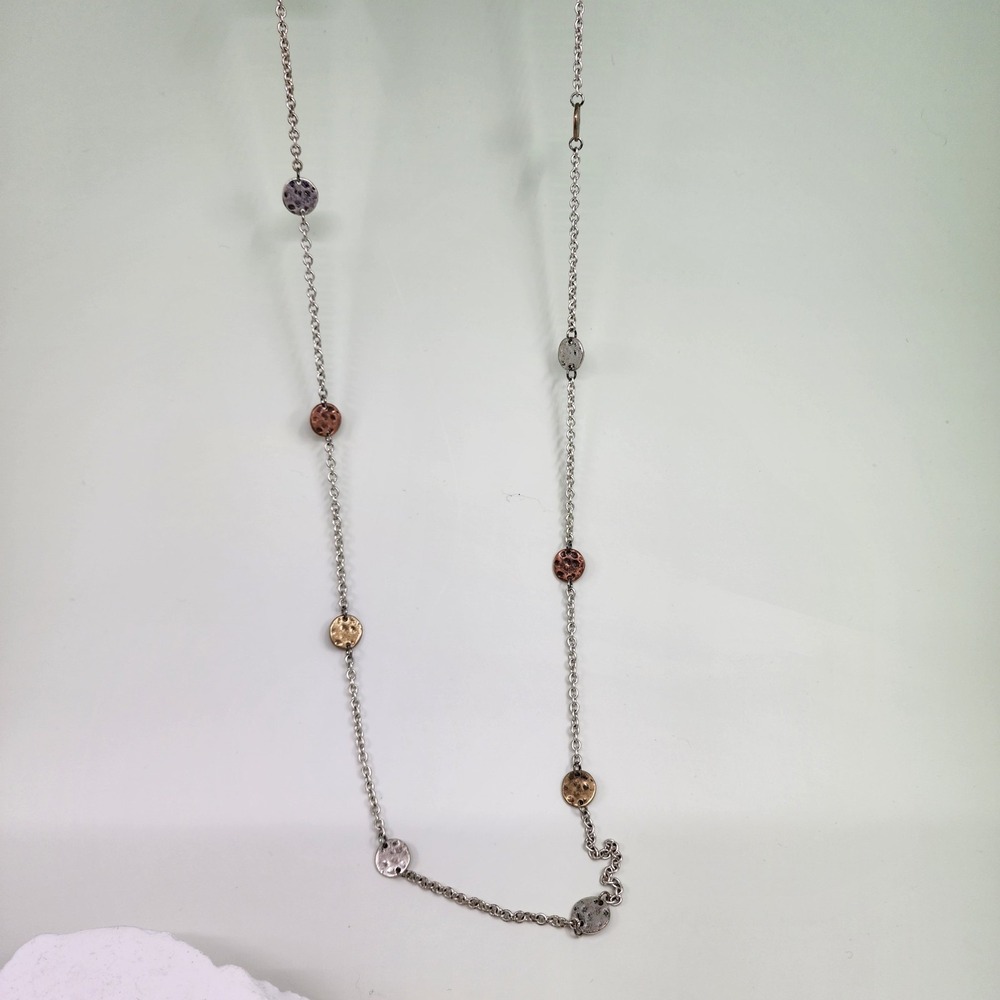 Mixed Metal Hammered Disc Station Long Chain Necklace Silver Copper & Gold Tone
